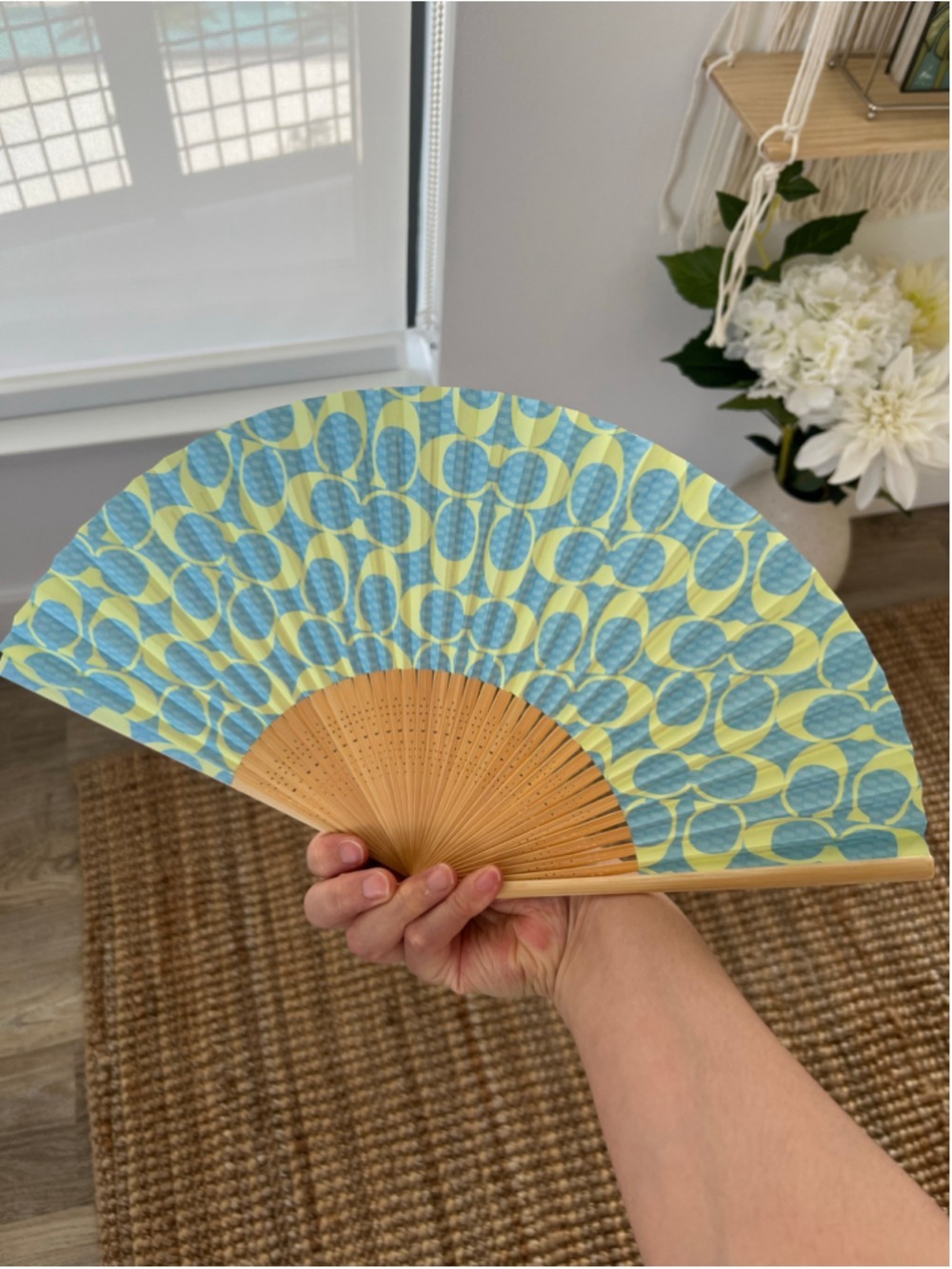 NEW Coach Limited Edition Folding Hand Fan Japan Sensu Chinese Blue Yellow Vtg